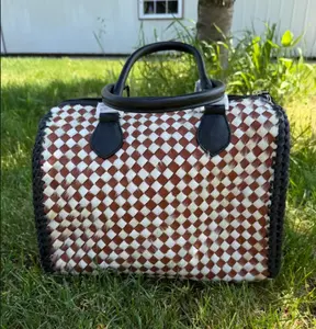 American Darling MEDIUM genuine cowhide & soft leather speedy- brown and white woven cowhide with black leather