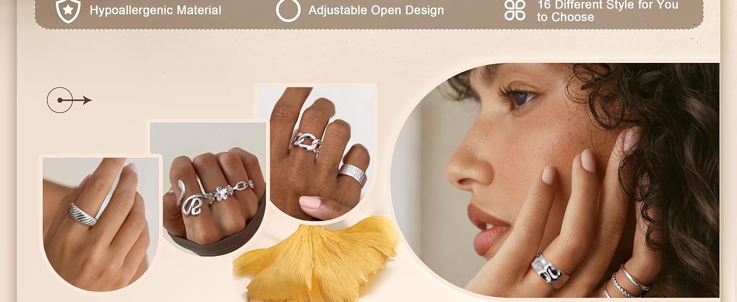 LOLIAS 16Pcs Stackable Stainless Steel Rings for Women Chunky Silver Rings Non Tarnish Ring Open Adjustable Thumb Finger Statement Ring Set Accessories Gifts for Women Girlfriend