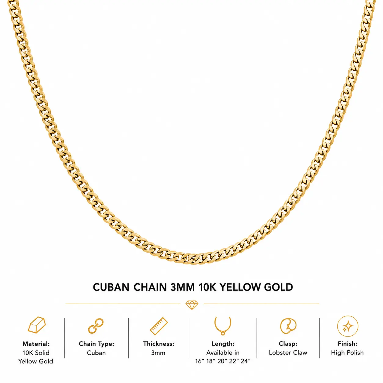 10K Yellow Gold Cuban Chain 18" – 3mm Classic Link Necklace