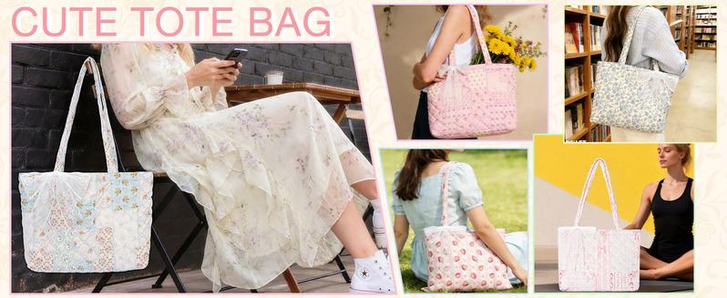 Quilted Small Tote Bag for Women Cute Floral Design Large Capacity Laptop & Essentials Holder Ideal for Work Travel Gym Shopping Everyday Use