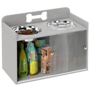 PawHut Elevated Dog Bowls with Storage, Raised Bowl Stand with 2 Stainless Steel Food Dishes and Slow Feeder, Pet Feeding Station for Large Dogs, Gray