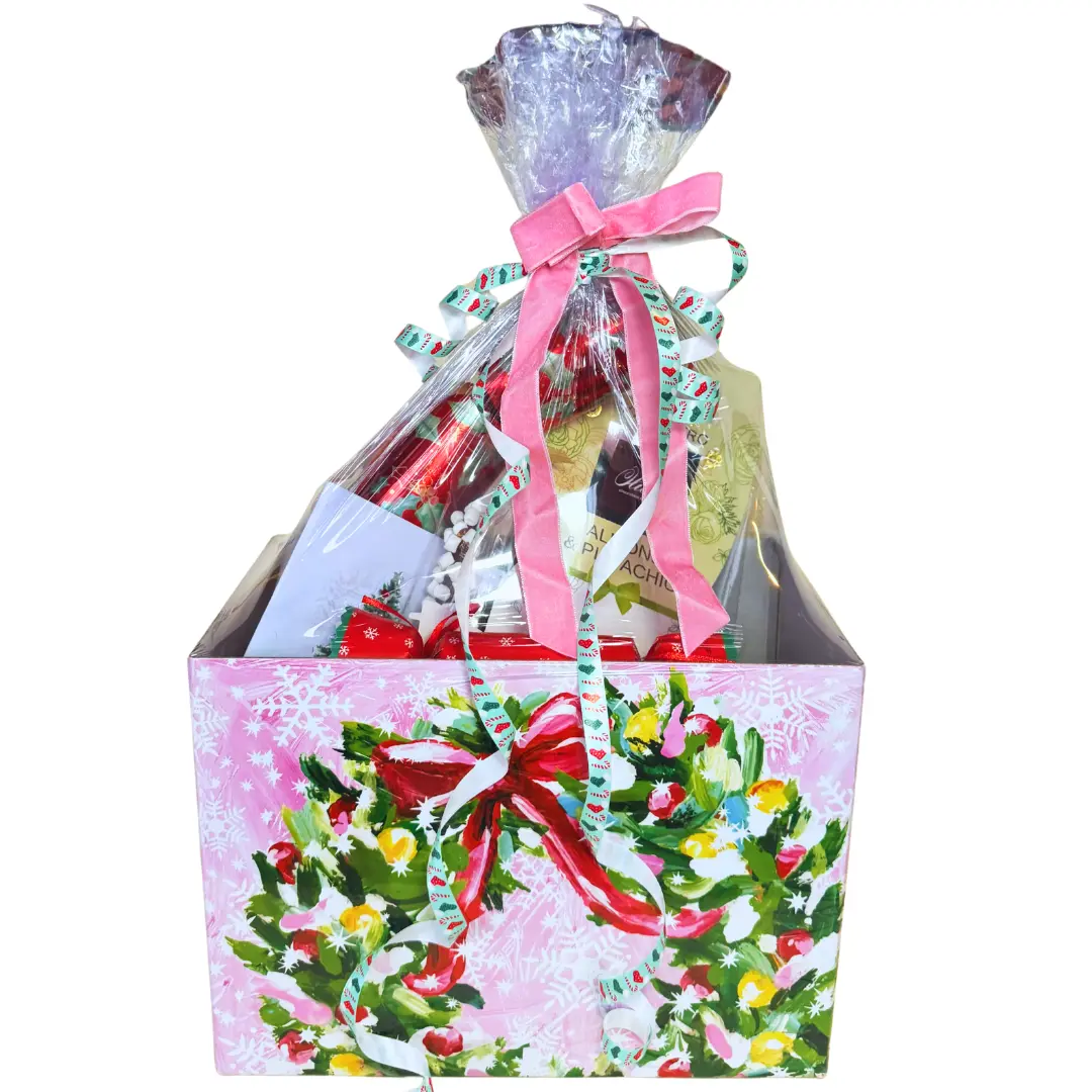 Festive Christmas Gift Box with Gourmet Chocolates, Holiday Crackers, Hot Cocoa Mix, Latte Stirrers, Marshmallows, and Greeting Card, Marshmallow