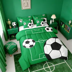 Football 7 Piece Bedding Set,Boys Sports Theme Comforter Bed Set with Sheets Soccer Ball Pattern Playground Bed Bag,Football Court Green White Kids Bed Set