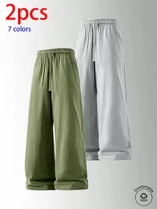 2-pack men’s pure cotton long pants: loose straight casual pants and sweatpants, featuring a drawstring waistband design. Available in multiple colors. Suitable for home lounging, daily commuting, outdoor walks, short trips, camping, and other casual acti