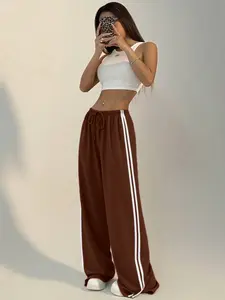 Women's Loose-Fit Sporty Striped Pants, Side Split Design, Casual Fashion Drawstring Straight Leg, Suitable for Outdoor & Daily Wear