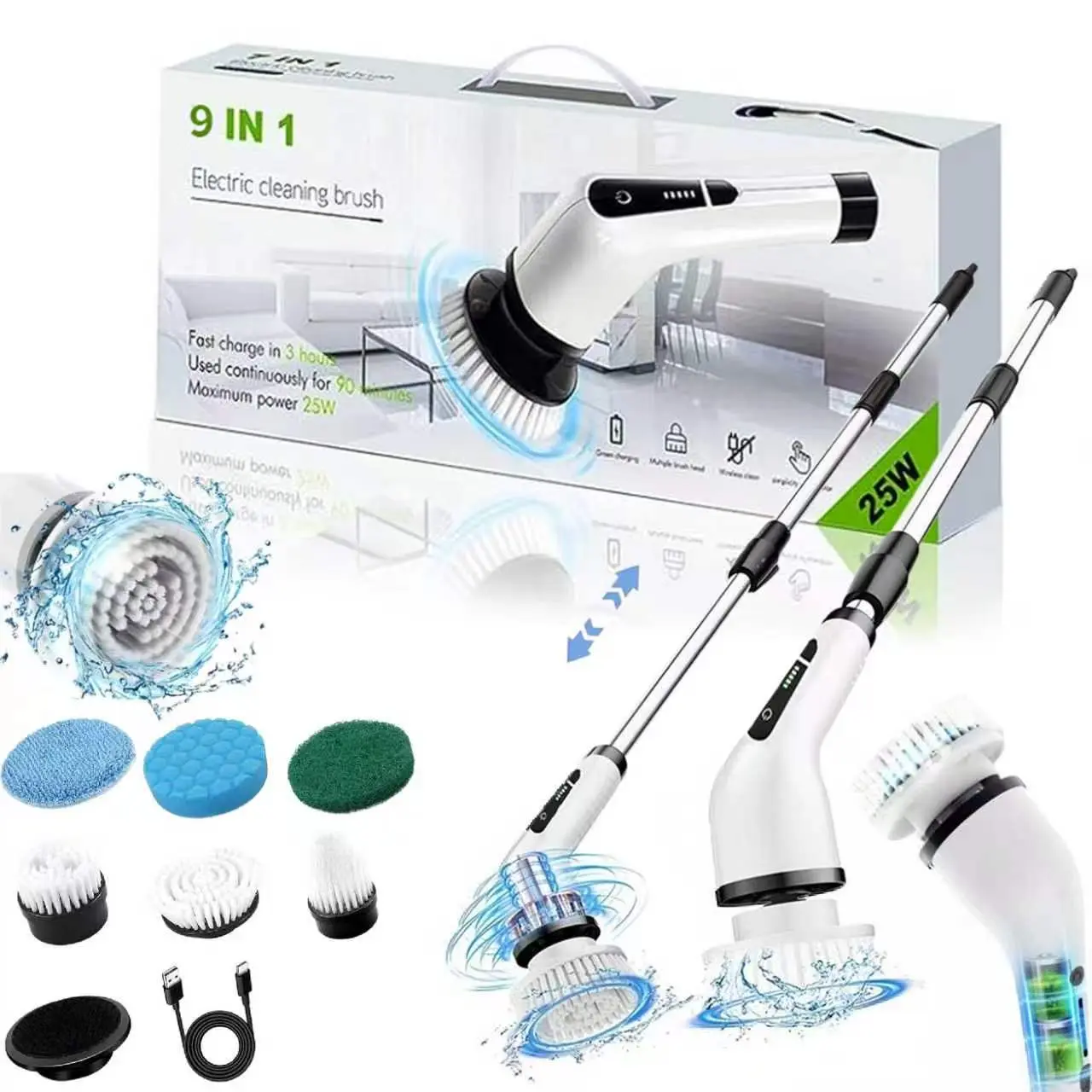 Electric Spin Scrubber Cordless 5-Speed Cleaning Brush Kit, 9 Brush Heads IPX7 Waterproof Multi-Surface Cleaner, Adjustable Extendable Handle, Shower Bathroom Kitchen Tile Tub Scrubber, Long Battery Portable Home Cleaning Tool, Mother’s Day Gift