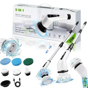 Electric Spin Scrubber Cordless 5-Speed Cleaning Brush Kit, 9 Brush Heads IPX7 Waterproof Multi-Surface Cleaner, Adjustable Extendable Handle, Shower Bathroom Kitchen Tile Tub Scrubber, Long Battery Portable Home Cleaning Tool, Mother’s Day Gift