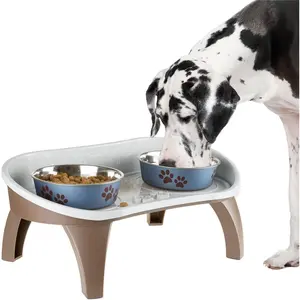Dog Bowl Stand - 8.5 Inch Tall Feeding Tray for Dogs and Cats with Splash Guard and Non-Skid Feet, Dishwasher Safe, Brown, 21 x 11 x 8.5 Inches