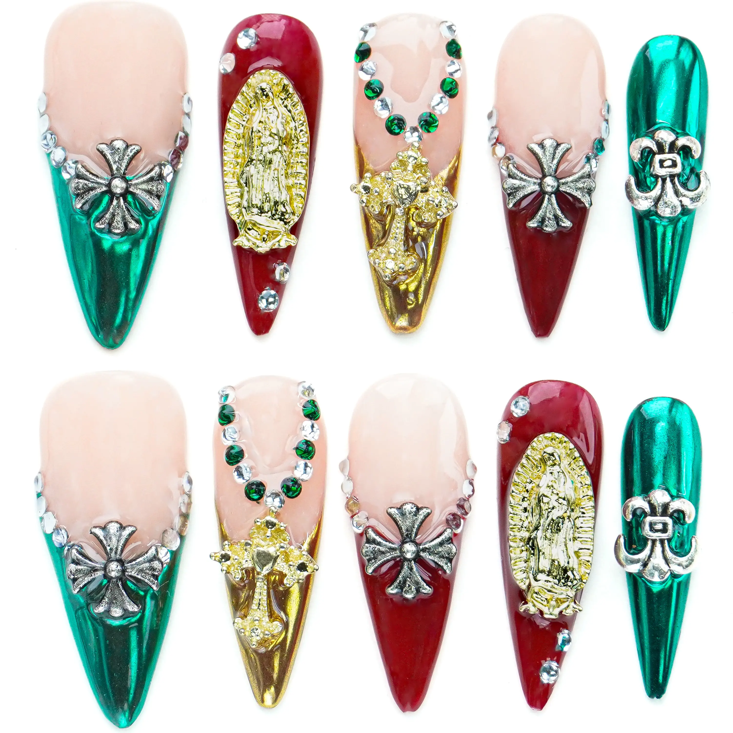 10PCS 3D Religious Gothic Stiletto Press-On Nails – Handmade & Reusable | Virgin Mary & Cross Design | Luxury Red & Emerald Chrome Set Pink Gradient Sparkling Nails Spooky Navy Ghost Press-On Nails acrylic  nails nail art removal tool