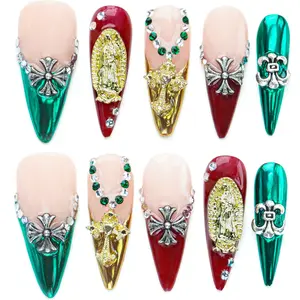 10PCS 3D Religious Gothic Stiletto Press-On Nails – Handmade & Reusable | Virgin Mary & Cross Design | Luxury Red & Emerald Chrome Set Pink Gradient Sparkling Nails Spooky Navy Ghost Press-On Nails acrylic  nails nail art removal tool