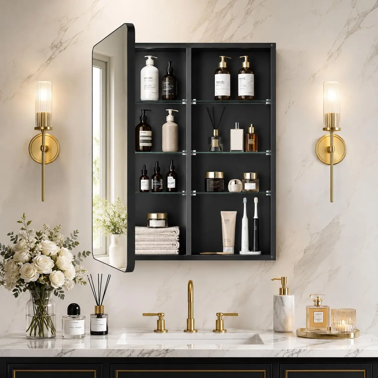Medicine Cabinet 20x30 Inch, Bathroom Wall Mirror Cabinet with Storage, 6-Tier Adjustable Glass Shelving, Waterproof Aluminum Frame, Quiet Soft Close, Modern Vanity Decor