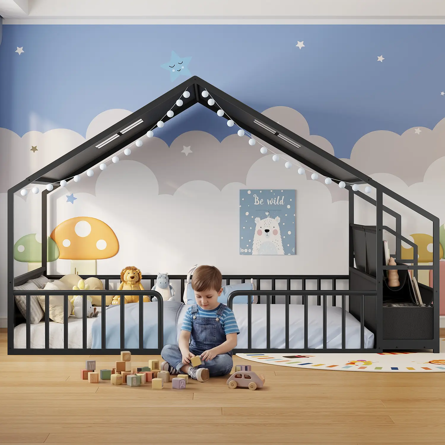 ADORNEVE House-Shape Twin Size Montessori Floor Bed, Child Sized Bed with Metal Structure, Safety Guardrails, Sling Bookshelves and Storage Drawers, Child Sized Beds, Metal Structure Beds,dorm essentials,home decor