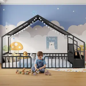 ADORNEVE House Shape Twin Size Floor Bed with Safety Guardrails and Sling Bookshelves Montessori Floor Bed with Storage Drawers