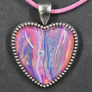 Heart Flower Pendant in silver tone hand painted stone on 18" leather cord