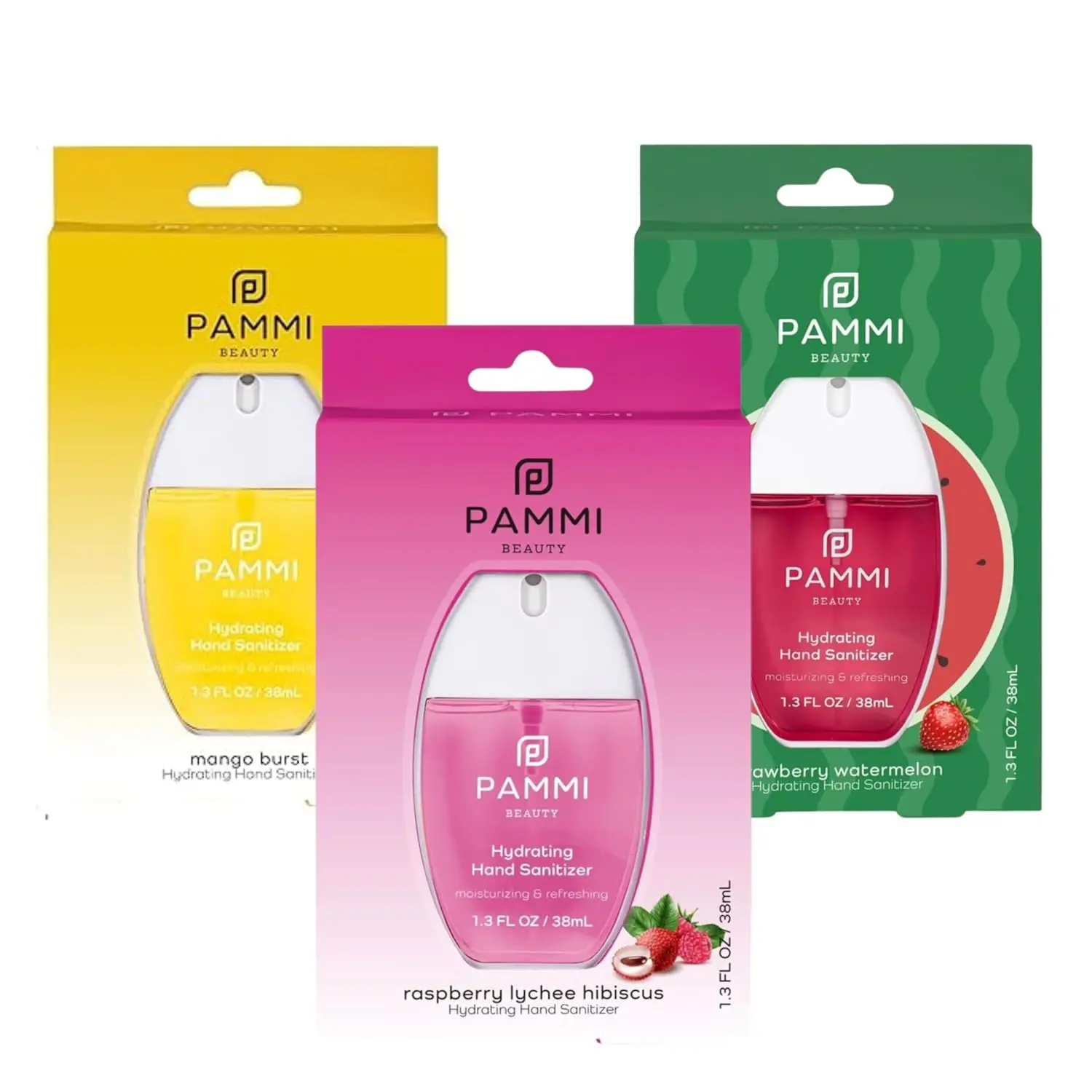 PAMMI Hydrating Hand Sanitizer 3 Pack - Mango Hydrating Hand sanitizer, Raspberry Lychee Hibiscus , Strawberry watermelon Hand Sanitizer