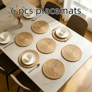 6 Piece Set 30cm Round Woven Water Lily Placemats, Handmade Non-Slip Table Mats, Rustic Farmhouse Style, Ideal for Restaurant and Kitchen Decor