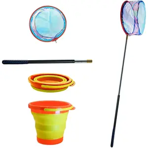 Kids Fishing Nets with Bucket - Telescoping Handle Retractable Landing Net Lightweight Aluminum Pole for Catch and Release Frog, Minnow, Butterfly, Crab, Beach and Creek Outdoor