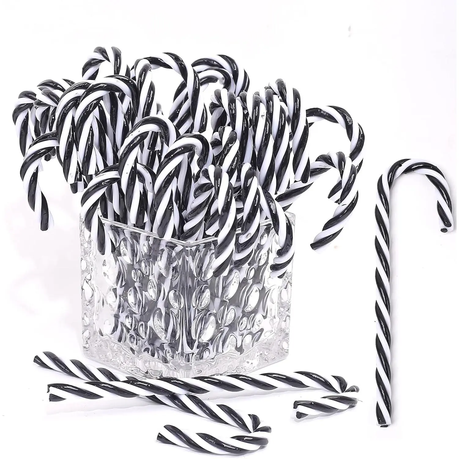 32 count Christmas Candy Cane Hanging Ornaments Black and White Christmas Tree Hanging Decorations Plastic Twisted Crutch Ornaments for Xmas Crafts Indoor Outdoor Decor(15cm No Holes)