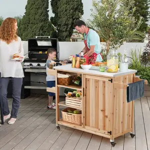 Outdoor Kitchen Island - Versatile Movable Patio Table with Solid Wood Construction and Stainless Steel Top, Equipped with a Spice Rack and Towel Holder, Functional Outdoor Grill Cart with Built-In Storage Space