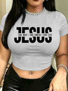 Summer outfit short-sleeve slim-fit cropped crew neck T-shirt, available in white, black, and gray, with a simple text pattern, suitable for daily wear