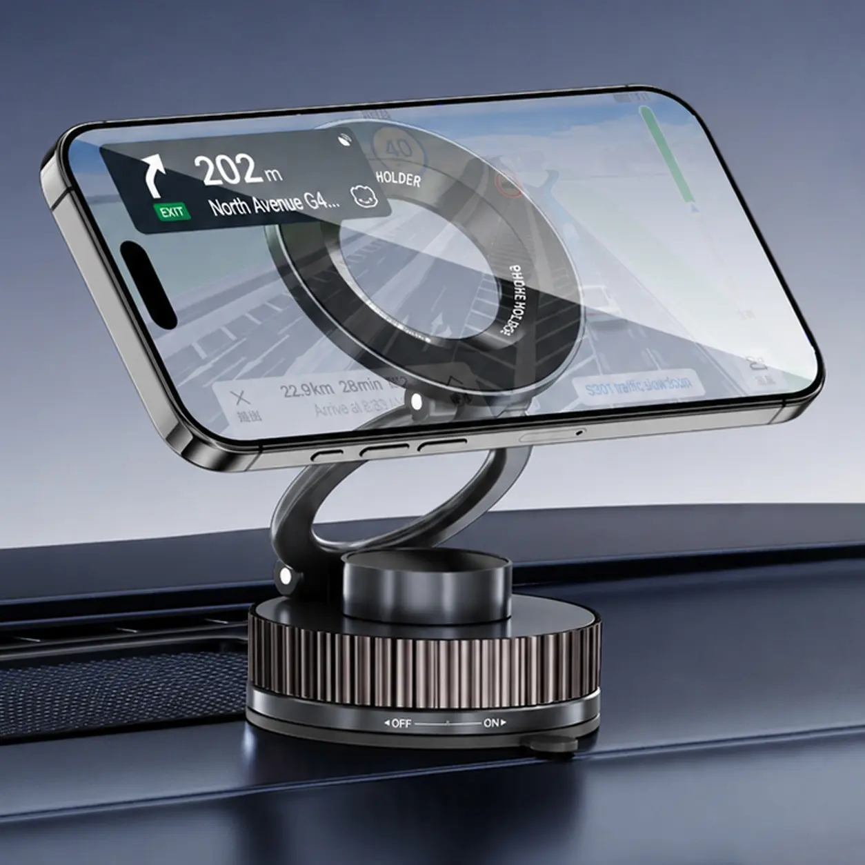 Foldable Magnetic Car Phone Holder for MagSafe Devices - 20 N52 Magnets, 360-Degree Rotation, Vacuum Suction Cup with Heat-Resistant Nano-Adhesive Base, Automotive Interior Accessory