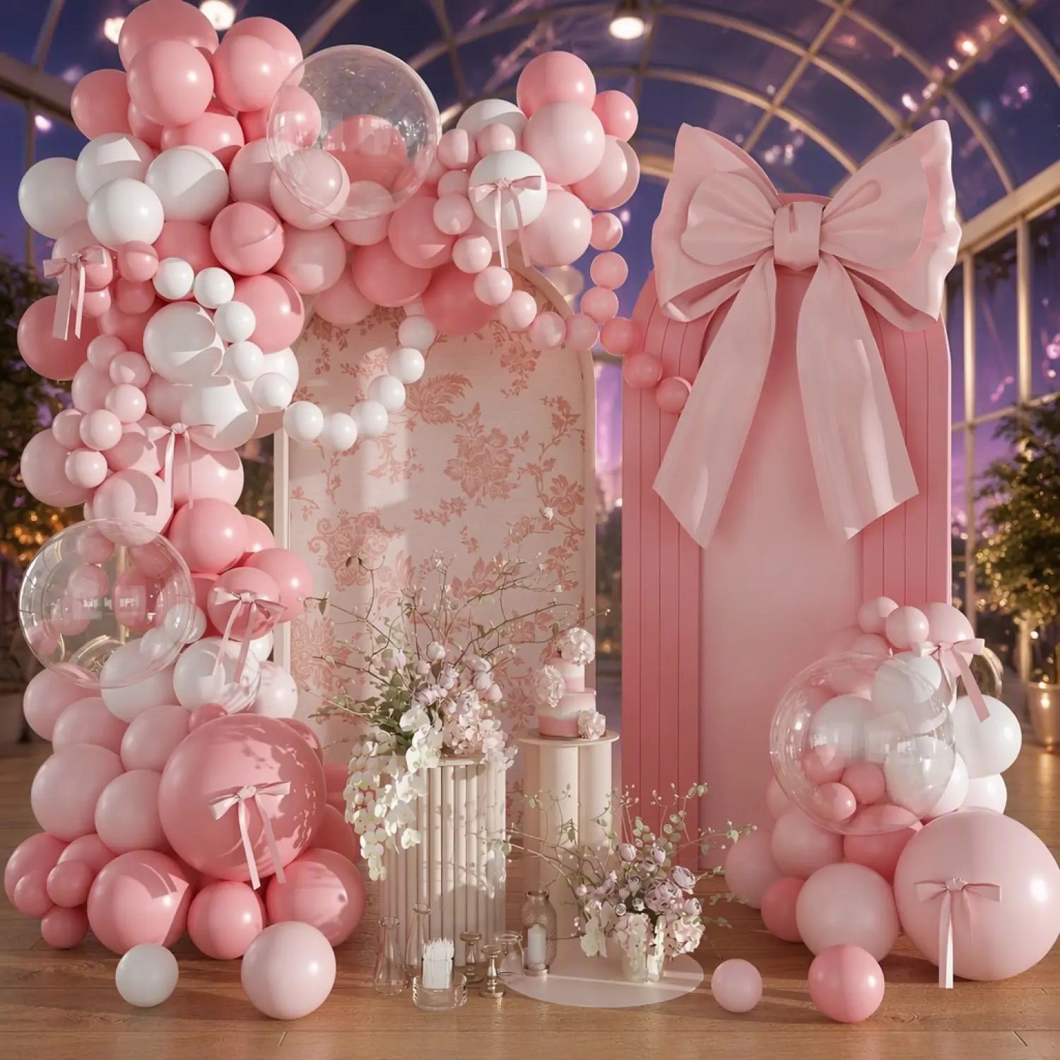 Pink Bow Balloon Garland Arch Kit, 142Pcs Pink and White Balloons with Clear Balloon Bows for Gender Reveal Baby Shower Wedding Bridal Shower Birthday Party Decorations