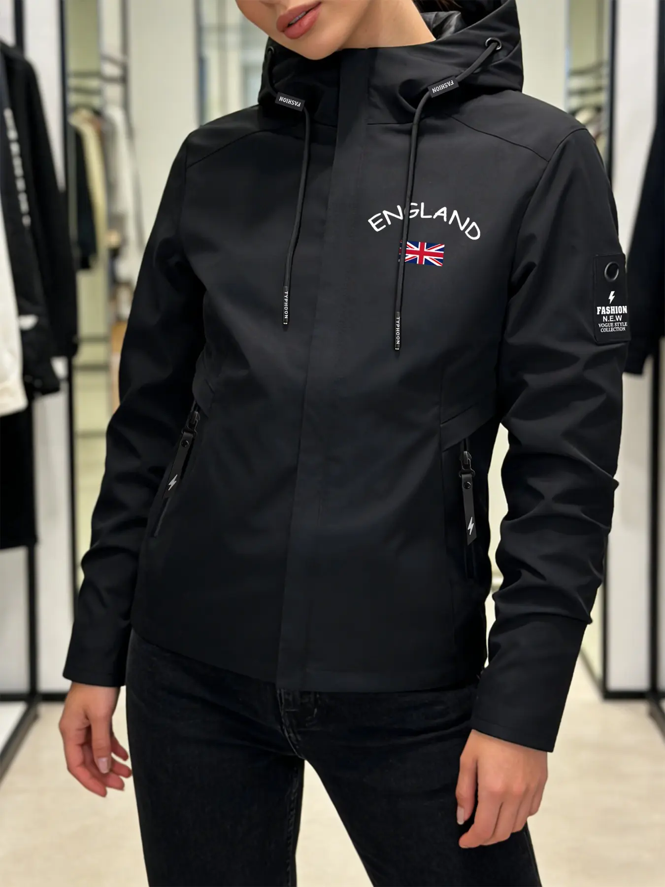Women's Trendy Hooded Jacket (2 Colors Available) With "ENGLAND" + UK Flag Print British Retro Style Easy Pull Zipper Loose Fit Soft Fabric Casual Versatile
