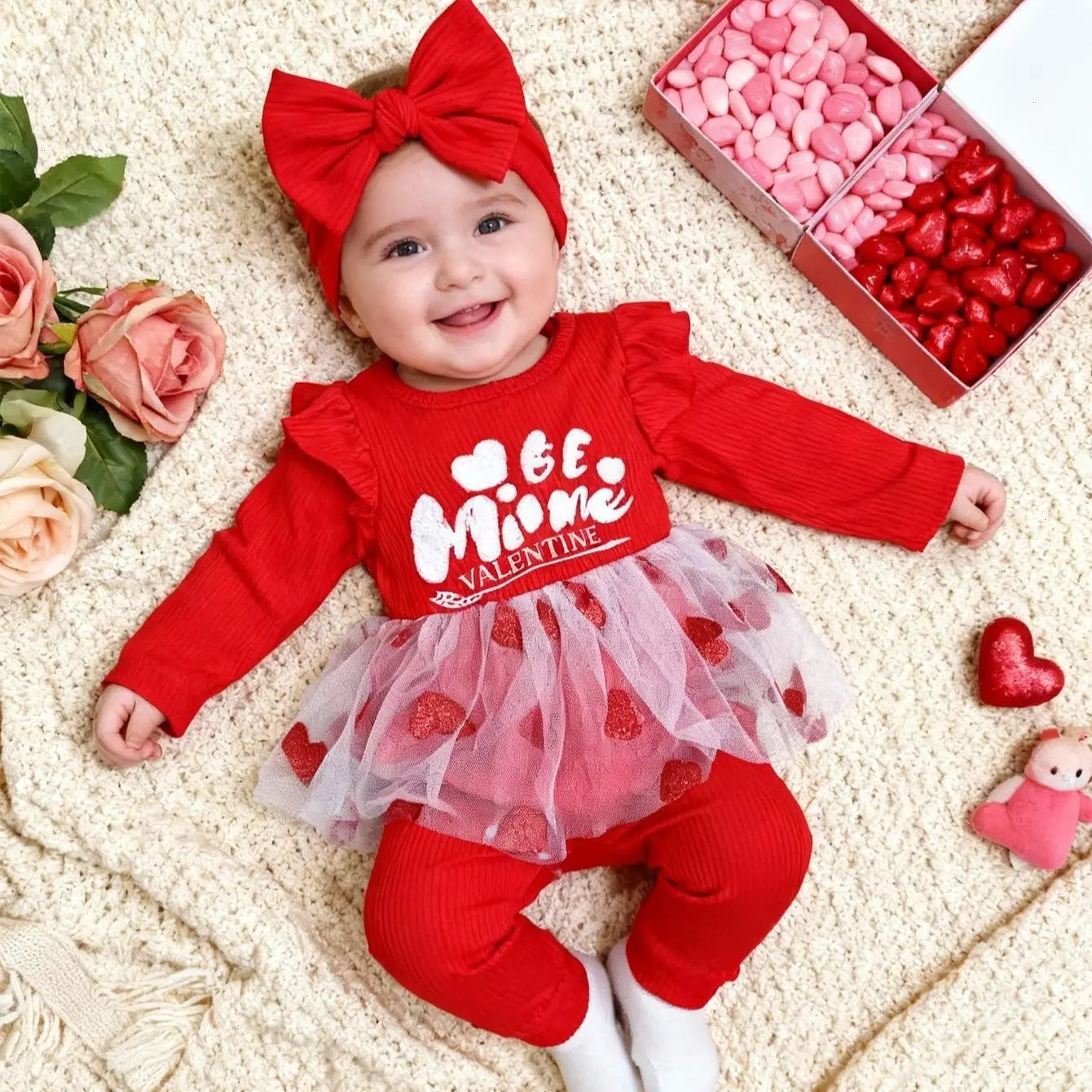 Baby Girls' "Be Mine" Valentine's Day Red Polyester Blend Clothing Gift Set, 0-18M Fitted Tutu Outfit with Heart-Print Tulle Skirt & Ruffle Shoulders, Baby Clothing