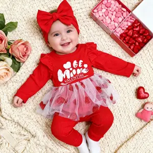 Baby Girls "Be Mine" Valentine's Day Red Outfit Set with Tutu 0-18M Sweet Design Heart-Print Tulle Skirt & Ruffle Shoulders