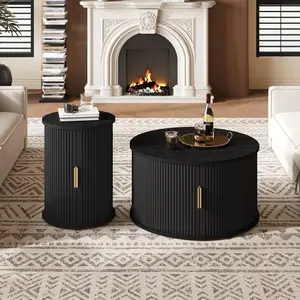 Mid-Century Coffee Table Set with Sliding Tambour Door, Round Fluted End Table With Storage, Golden Handle Tall & Low Side Table with Wooden Finish for Living Room, Set of Two