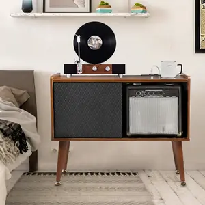 Garvee Large Record Player Stand with Vinyl Storage Cabinet and Power Outlet, Turntable Stand Holds up to 350 Albums, Featuring Sliding Door and Solid Legs for Living Room or Bedroom