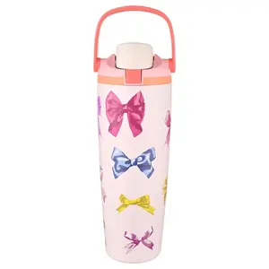 Cute Bow Pattern Tumbler with Handle, Aesthetic Pink Water Bottle with Straw Lid, Girly Travel Cup for School Office Gym, Kawaii Bow Design Gift for Women Teens, Trendy Drinkware Everyday Use