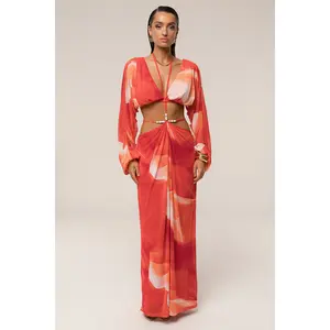 Sunset Red Hera Draped Maxi Skirt