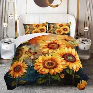 3pcs Sunflower Butterfly Comforter Set, Floral Duvet Set for Girls and Adults Bedroom or Guest Room Decor, Down Alternative Soft All Seasons Comforter Machine Washable Microfiber Quilt with 2 Pillowcases , Gifts for the Family