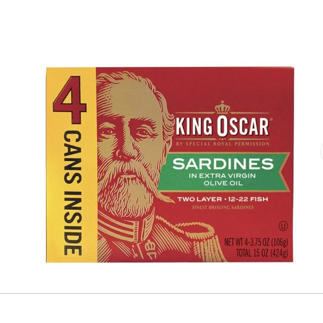 King Oscar Sardines in Extra Virgin Olive Oil 4 Cans Inside 12-22 Fish Finest Bristling Sardines 15 Oz Total