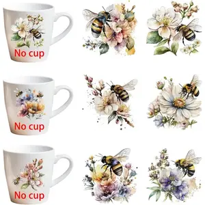 Watercolor Bee Flowers Bundle UV DTF Cup Wrap Transfer for Glass 16 OZ, Rub on Transfers for Crafts, Waterproof Transfer Stickers for Cups Furniture