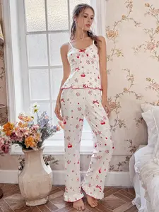 Women's Summer Pajama Set, Sweet Heart Pattern, Sexy Slim-Fitting, Lace Trim, Cherry Fruit Print, Elastic Waist, Two-Piece Home Wear