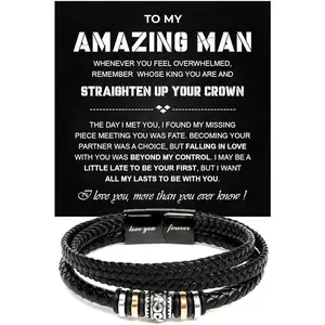 To My Man Bracelet, Husband Bracelet Gifts From Wife, Men Bracelets , Braided Leather Stainless Steel Infinity Bracelets Lettering Love You Forever  Gifts For Man With Message Card & Box