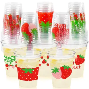50PCS 12oz Disposable Strawberry-Themed Plastic Cups – Cute Party Drinkware for Berry First Birthday, Summer Picnic, or Fruit-Themed Celebration