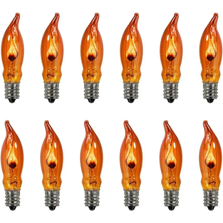 12 Pack Orange Halloween Flickering Flame Light Bulbs, E12 Candelabra Base, 1W, C18 Flicker Flame Night Light Replacement Bulbs for Candles Outdoor Christmas String Lights Chandeliers Sconces Decor
