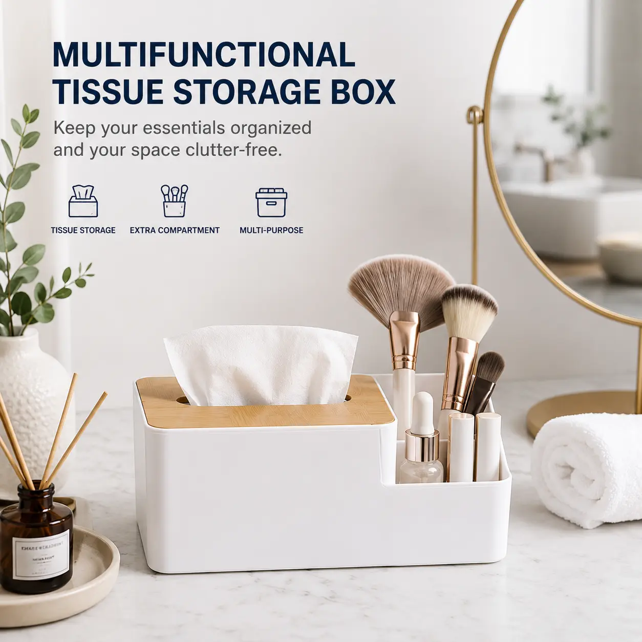 Multifunctional Tissue Box Cover with Storage Organizer, Desktop Remote Holder for Living Room & Vanity
