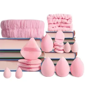 Spa Face Cleaning Headband-Wristband Set with 18 Pieces Reusable Makeup Sponges - Triangle Powder Puffs, Beauty Blenders, Mini Sponges for Foundation, Contour, Makeup Removal, Soft, Durable, Pink, Ideal for Daily Skincare & Beauty Routine summerwins