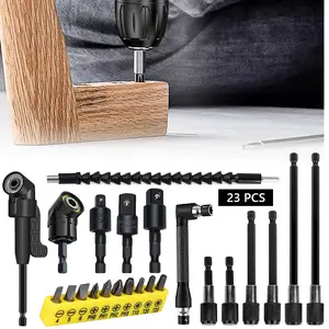 23 piece electric drill accessory set, including right angle drive head, flexible extension rod, sleeve adapter rod, and quick change batch head clamp, suitable for DIY and maintenance scenarios