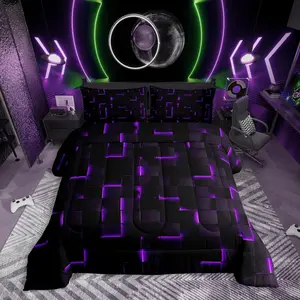 Neon Black Purple Bedding Set,3D Geometric Checkered Comforter Set,Plaid Abstract Comforter,Video Game Bedroom Room Decor for Kids Boys Girls