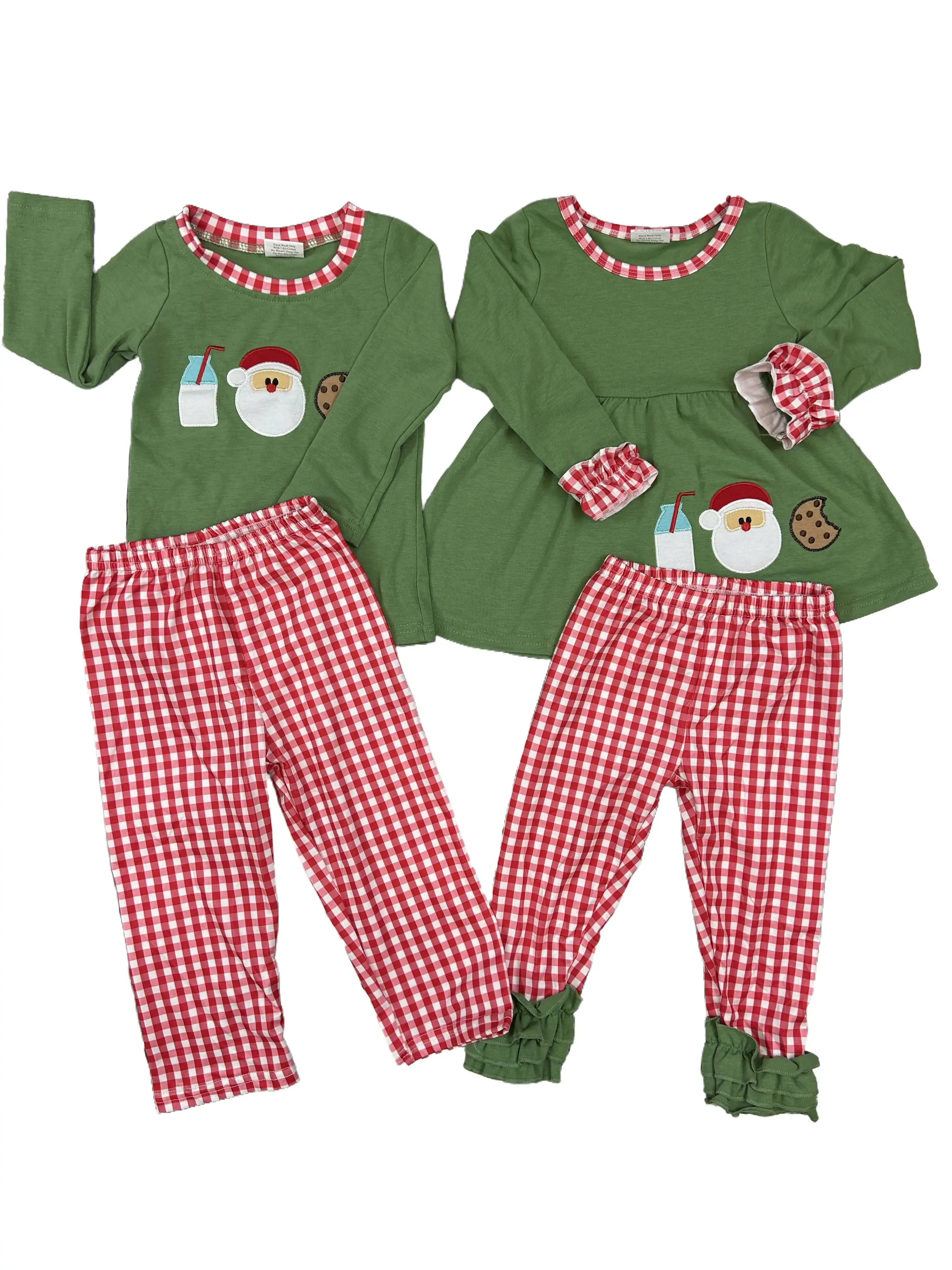 Boys' Casual Clothing Set, 2-Piece Rayon Christmas Outfit with Embroidered Santa, Cookies & Milk Long-Sleeve Top and Green Pants, Clothing Sets, Casual Set