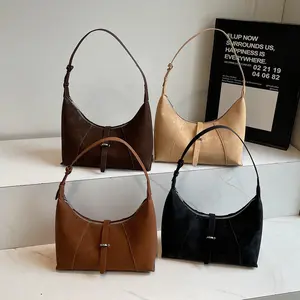 Women's New Retro Buckle Suede Half-Moon Hobo Bag — Soft Leather Shoulder Bag with Adjustable Strap — Minimalist Everyday Hobo Tote