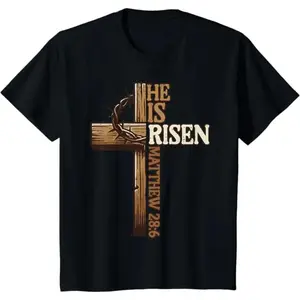 Cotton Short Sleeve T-Shirt Easter Cross He Is Risen Jesus Christian Men Kid Youth T-Shirt