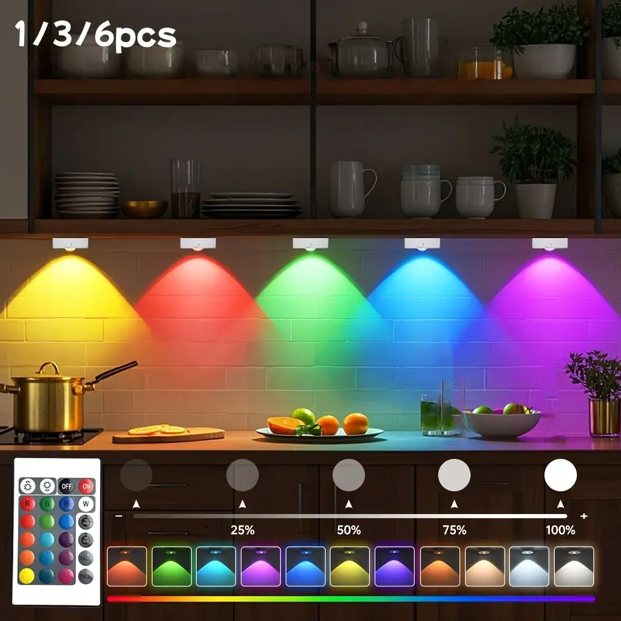 Motion Sensor LED RGB Night Light Set, Remote Control, USB Rechargeable, Magnetic Mount, Indoor Use, Bedroom Stairs Closet, Adjustable RGB Lighting, Modern Decorative Night Lights