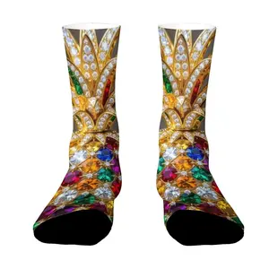 360-degree Direct Print mid-calf socks (Unisex) Jeweled Pineapple Decoration Adorned With Colorful Gems And Diamonds In Gold Plated Design