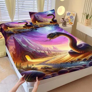"Dreamy Giant Python" Themed Bedding Set — 3-Piece Cartoon Snake Pattern Fitted Sheet Set . Soft, Comfortable, and Aesthetically Pleasing Bedroom Decor for Kids and Teens (Includes 1 Fitted Sheet + 2 Pillowcases).